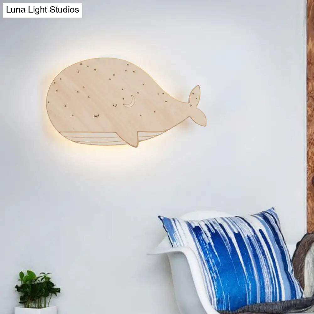 Sleeping Whale Led Flush Mount Light Fixture For Kindergarten Beige Wood Cartoon Design (Left/Right)