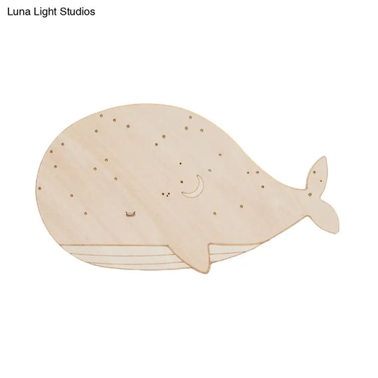 Sleeping Whale Led Flush Mount Light Fixture For Kindergarten Beige Wood Cartoon Design (Left/Right)