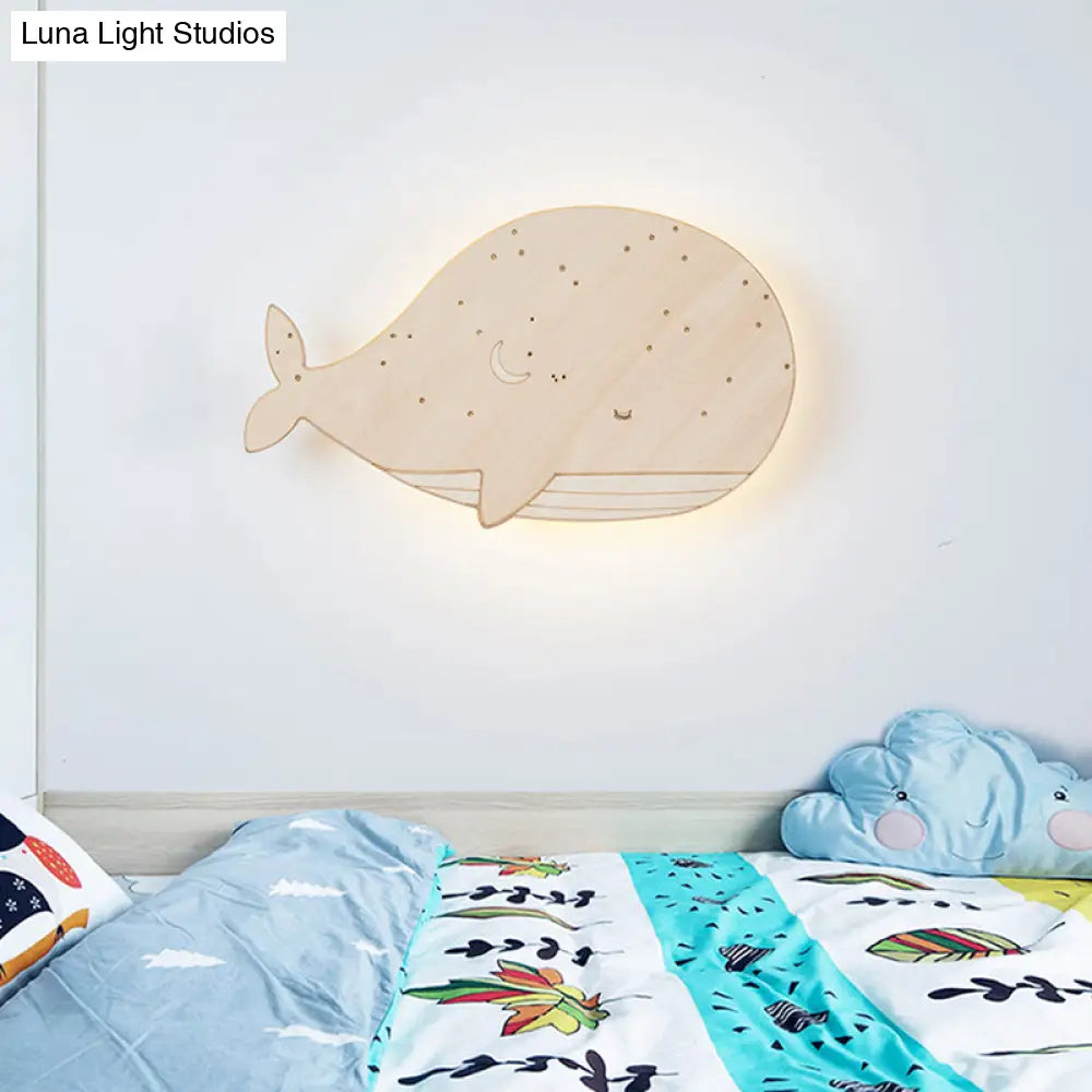 Sleeping Whale Led Flush Mount Light Fixture For Kindergarten Beige Wood Cartoon Design (Left/Right)