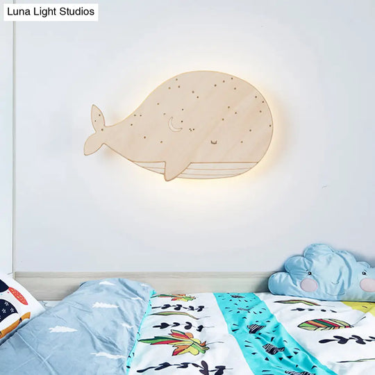 Sleeping Whale Led Flush Mount Light Fixture For Kindergarten Beige Wood Cartoon Design (Left/Right)