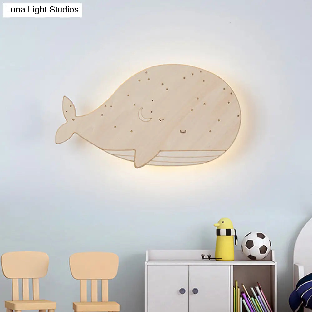 Sleeping Whale Led Flush Mount Light Fixture For Kindergarten Beige Wood Cartoon Design (Left/Right)