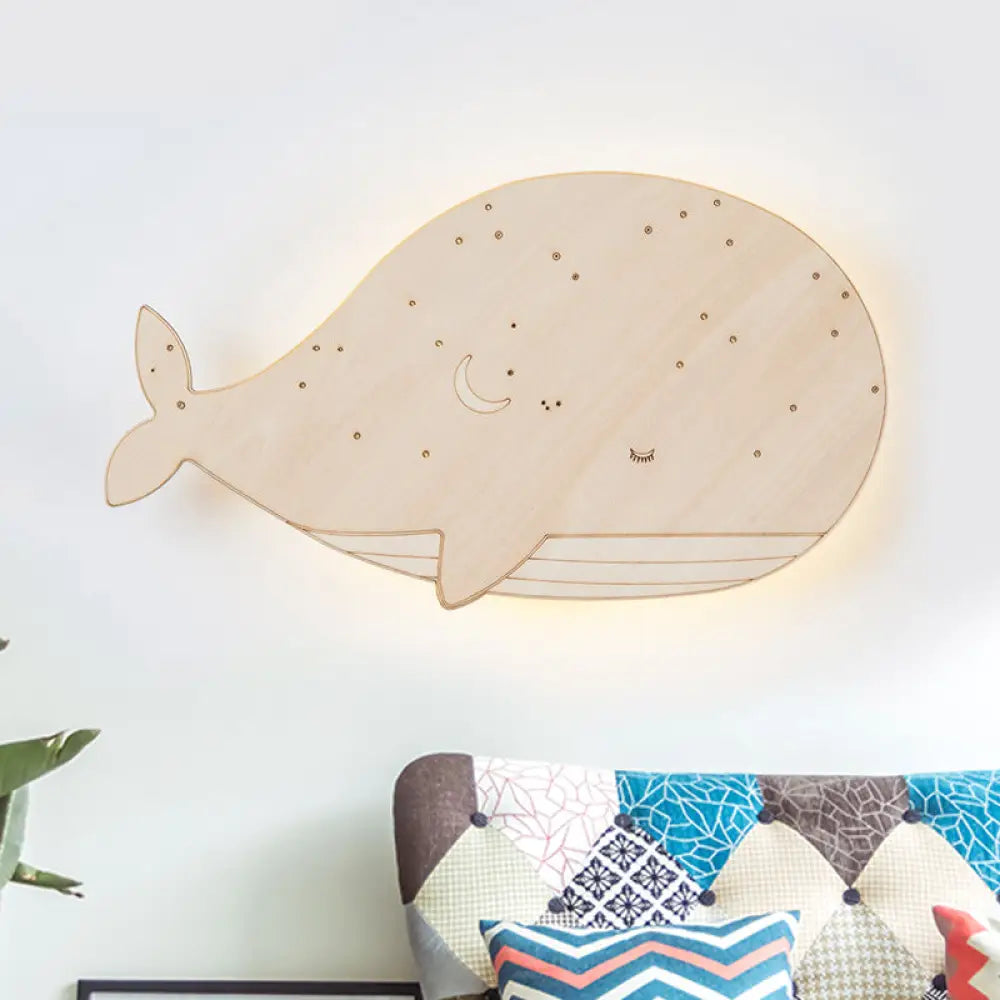 Sleeping Whale Led Flush Mount Light Fixture For Kindergarten Beige Wood Cartoon Design (Left/Right)