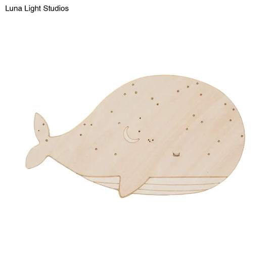 Sleeping Whale Led Flush Mount Light Fixture For Kindergarten Beige Wood Cartoon Design (Left/Right)