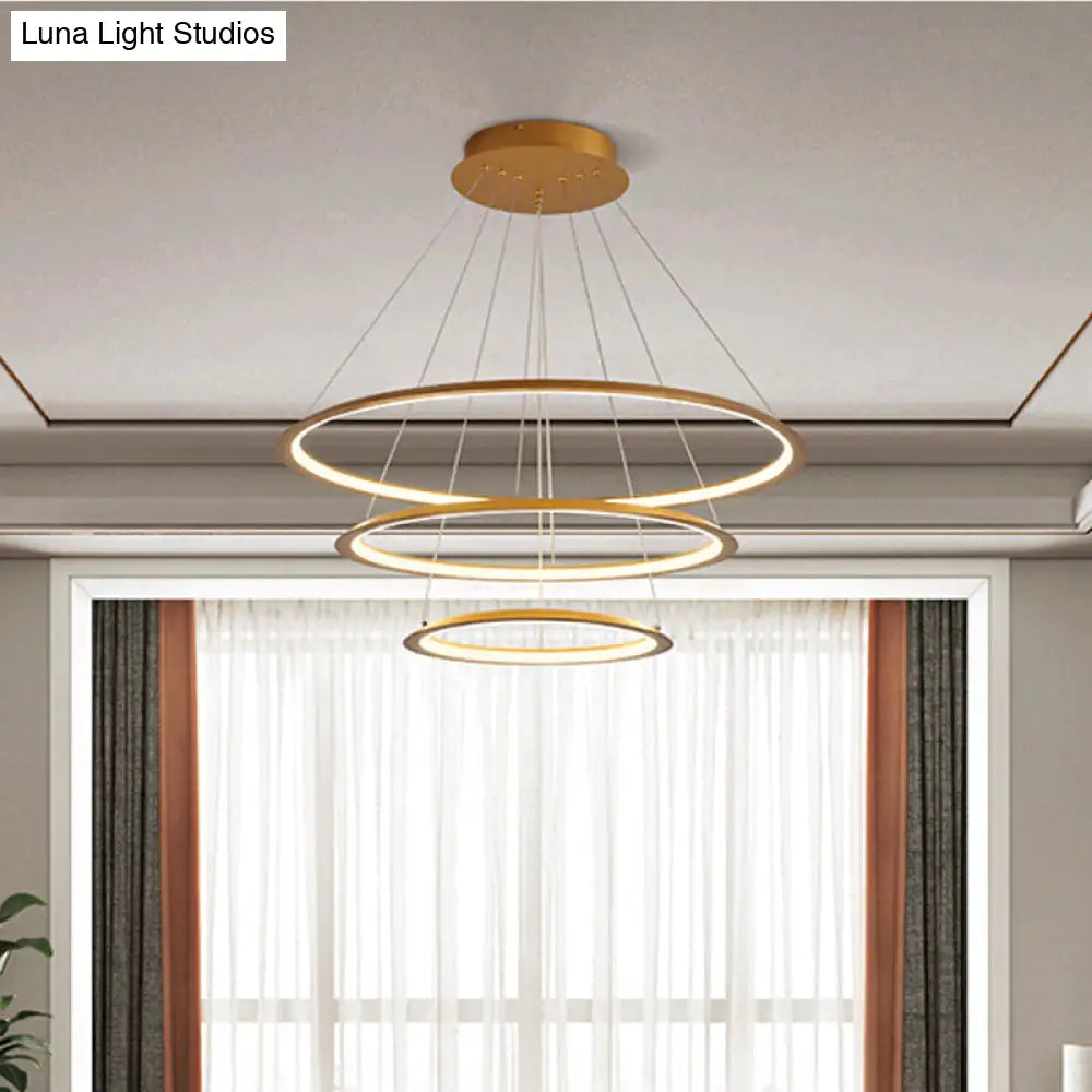 3/4 Tier Slim-Frame Led Chandelier In Gold/Coffee For Elegant Living Room Lighting