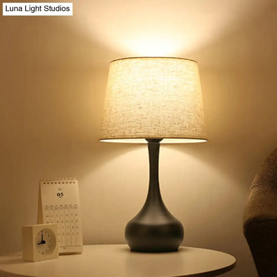 Slim-Neck Pedestal Nightstand Lamp With Brown/White Fabric Barrel Shade - Rural Table Light