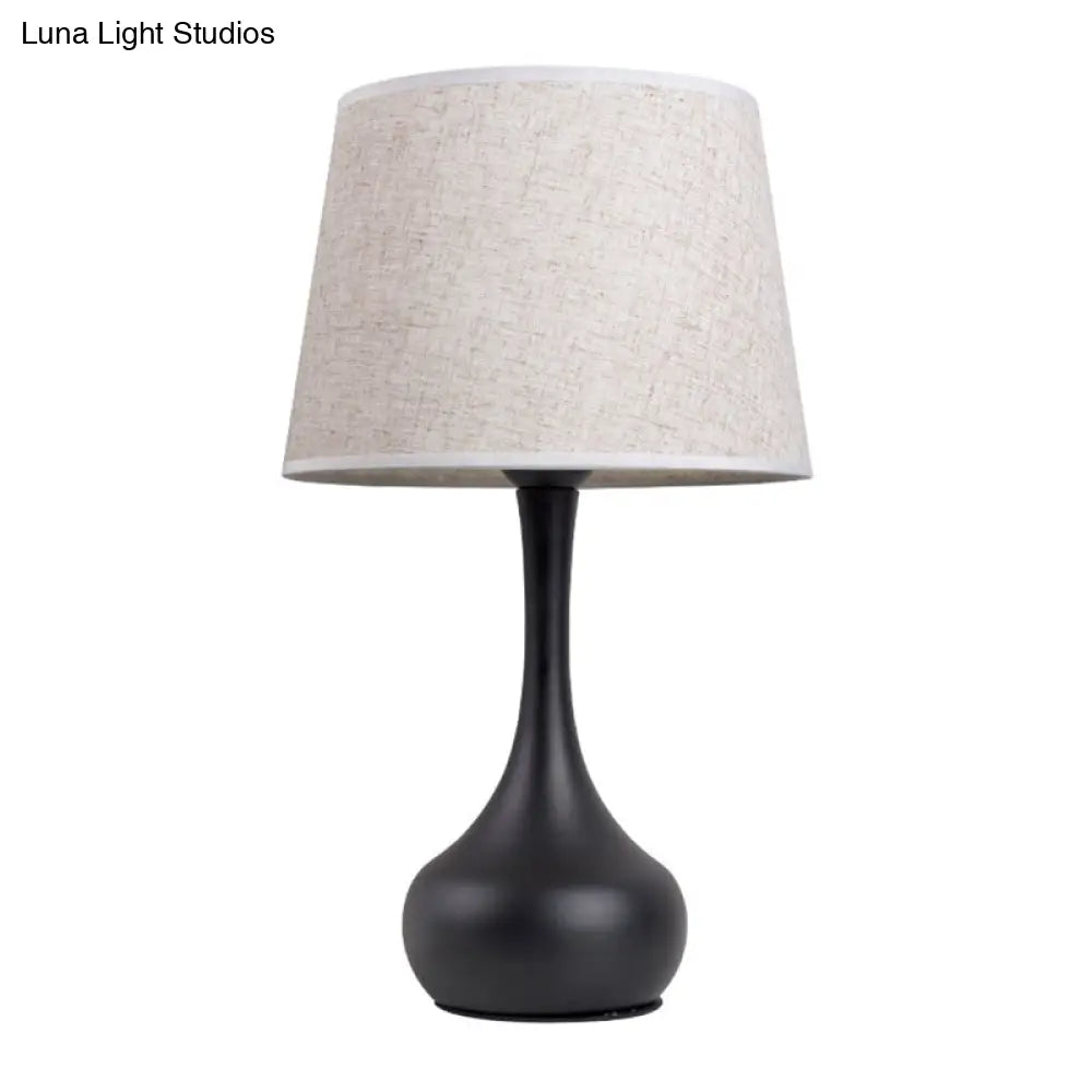 Slim-Neck Pedestal Nightstand Lamp With Brown/White Fabric Barrel Shade - Rural Table Light