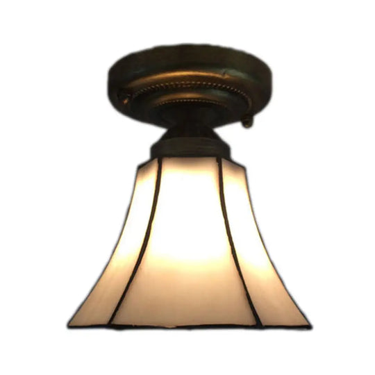 Small Antique Bronze Corridor Bell Ceiling Mount Light With Tiffany White Art Glass – 1 Head Lamp