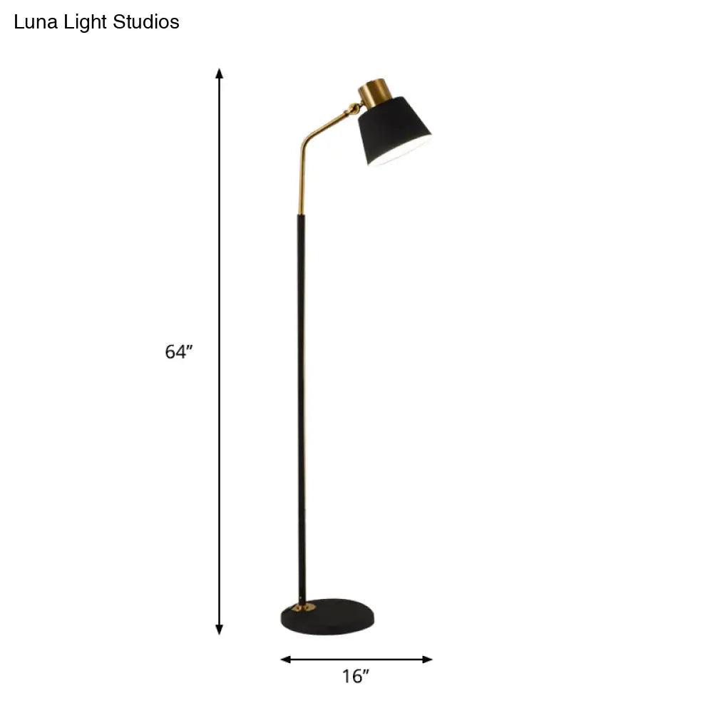 Small Barrel Black Floor Lamp With Modernist Metallic Stand Ideal For Bedroom Lighting