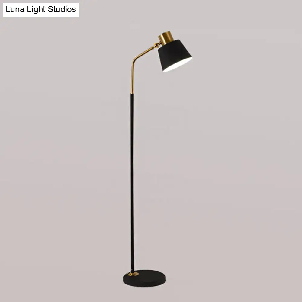 Small Barrel Black Floor Lamp With Modernist Metallic Stand Ideal For Bedroom Lighting