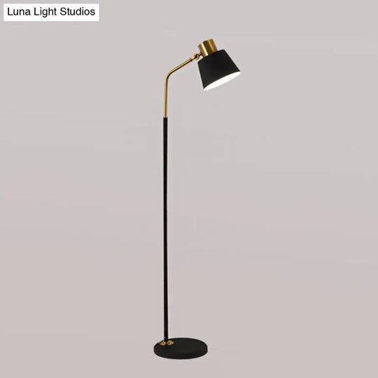 Small Barrel Black Floor Lamp With Modernist Metallic Stand Ideal For Bedroom Lighting