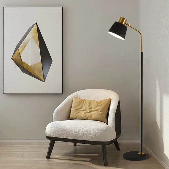 Small Barrel Black Floor Lamp With Modernist Metallic Stand Ideal For Bedroom Lighting