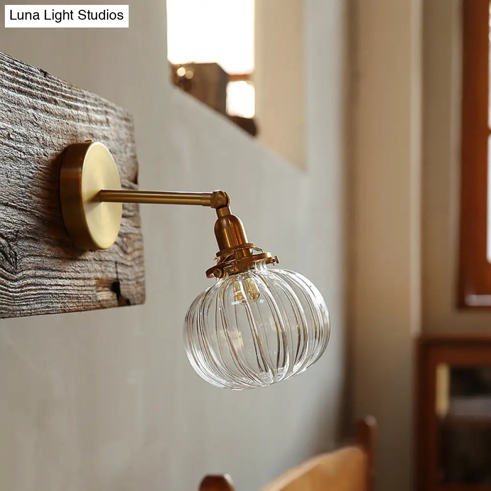 Small Brass Pumpkin Wall Lamp With Clear Ribbed/Blue Glass - Bedroom Lighting Adjustable Joint