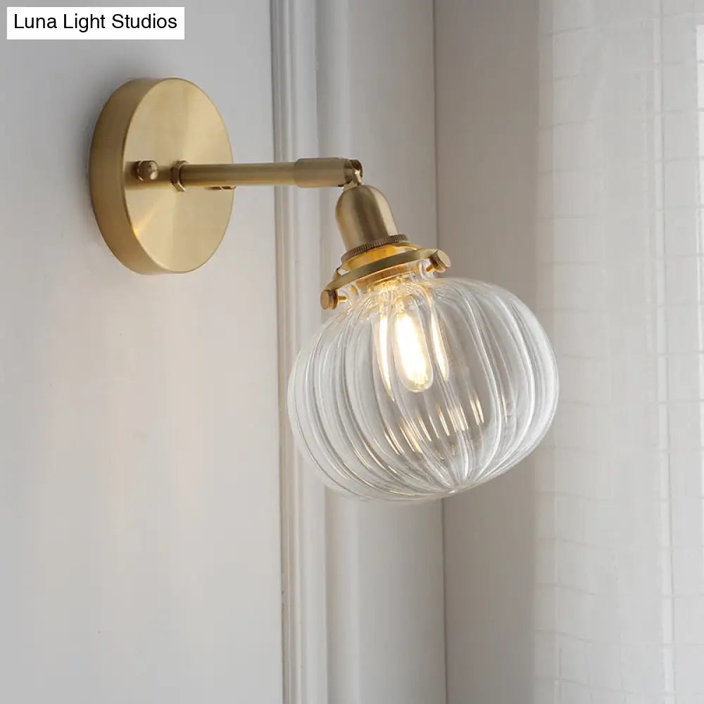 Small Brass Pumpkin Wall Lamp With Clear Ribbed/Blue Glass - Bedroom Lighting Adjustable Joint