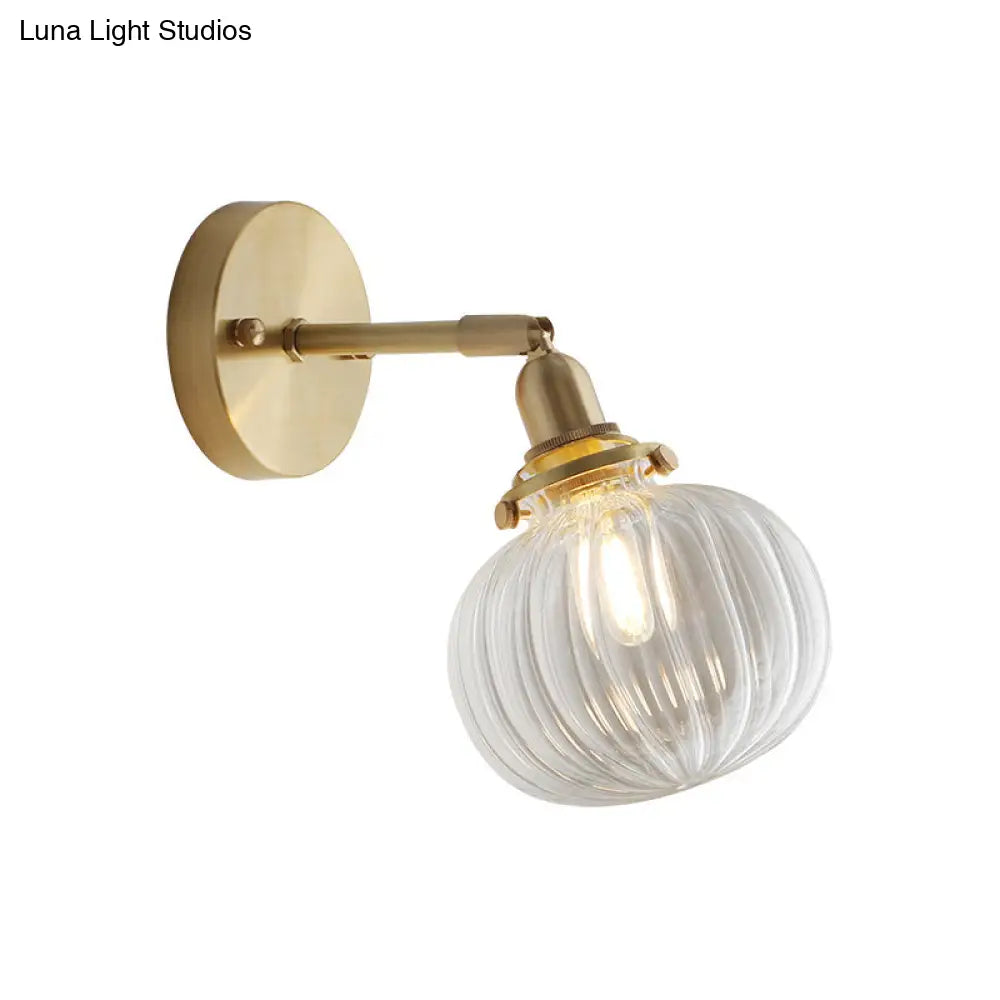 Small Brass Pumpkin Wall Lamp With Clear Ribbed/Blue Glass - Bedroom Lighting Adjustable Joint