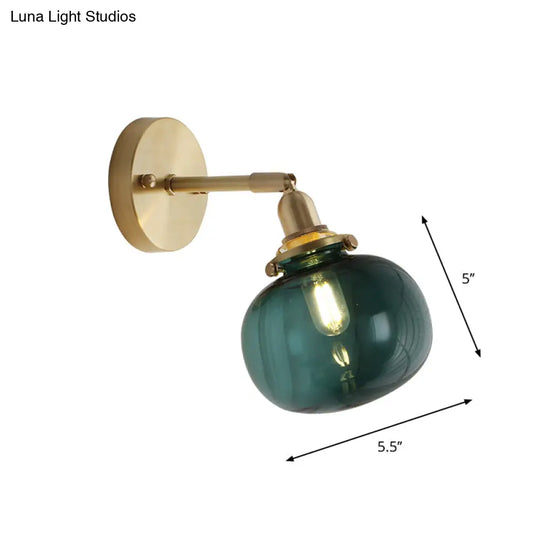 Small Brass Pumpkin Wall Lamp With Clear Ribbed/Blue Glass - Bedroom Lighting Adjustable Joint