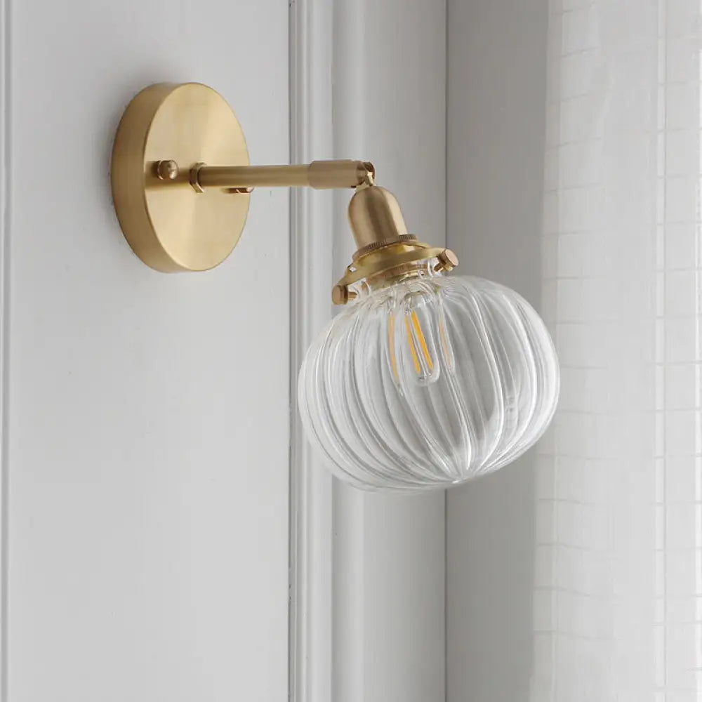 Small Brass Pumpkin Wall Lamp With Clear Ribbed/Blue Glass - Bedroom Lighting Adjustable Joint