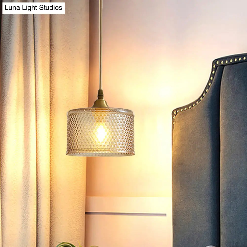 Small Drum Bedside Pendant Light With Simple Latticed Glass And Brass Pendulum