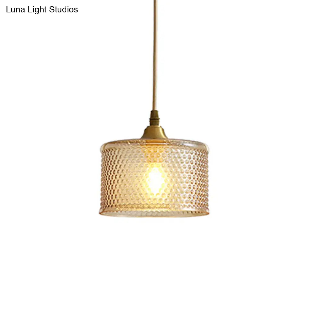 Small Drum Bedside Pendant Light With Simple Latticed Glass And Brass Pendulum