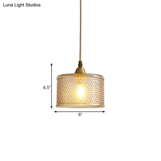 Small Drum Bedside Pendant Light With Simple Latticed Glass And Brass Pendulum