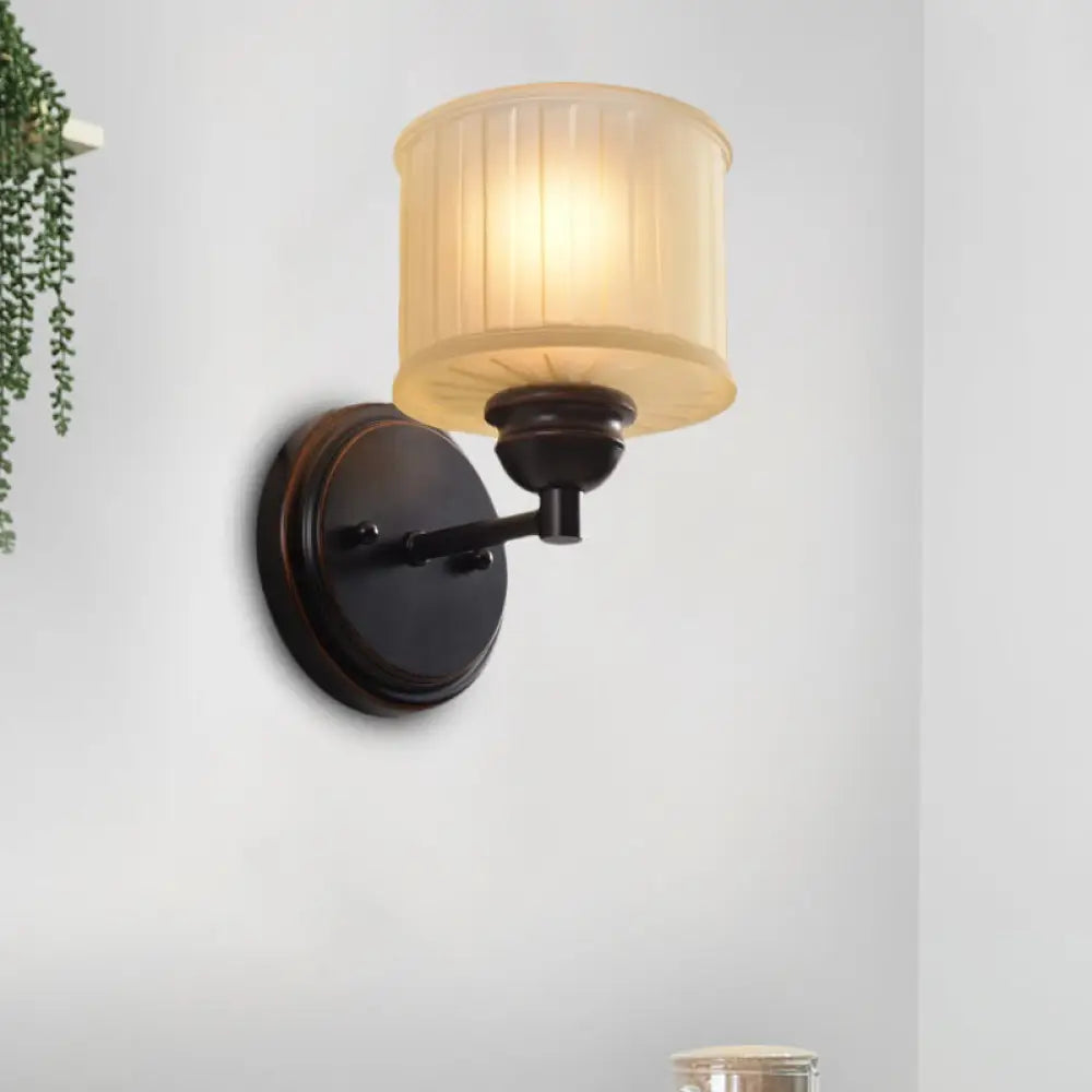 Small Drum Sconce Lighting - Country Style Wall Mounted Lamp With Black Finish And Tan Glass