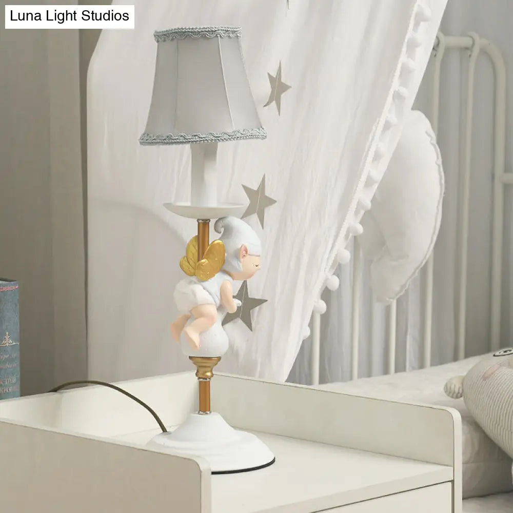 Small Elf Base Bedside Desk Light For Kids With White And Gold Empire Shade