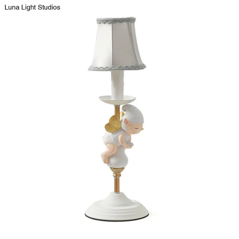 Small Elf Base Bedside Desk Light For Kids With White And Gold Empire Shade