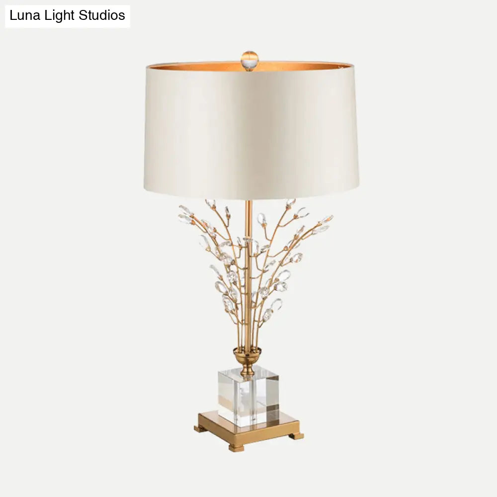 Small Gold Desk Lamp With Crystal Leaf - Modern Fabric Drum Table Light