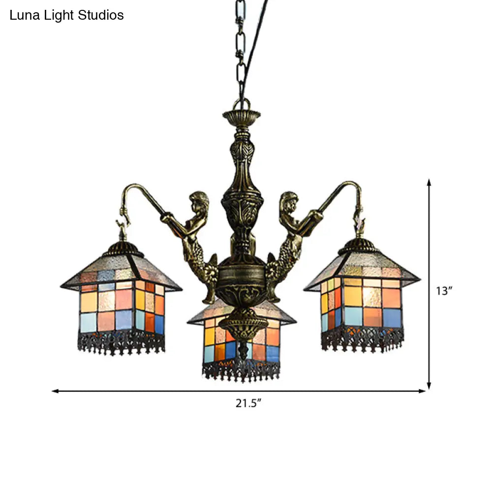 Stunning Tiffany Stained Glass Pendant Chandelier With 3 Lights - Small House Fixture In Clear/Blue