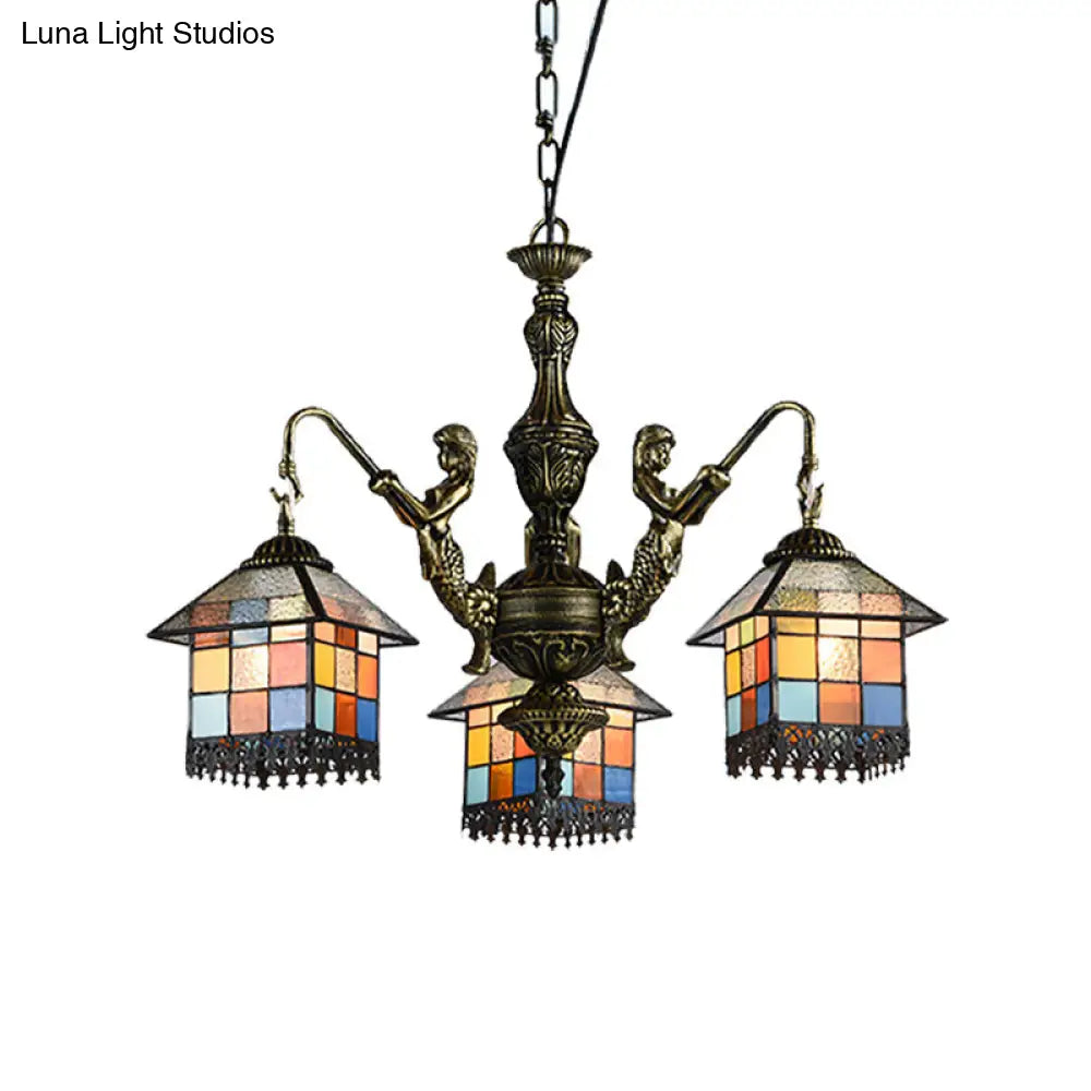 Stunning Tiffany Stained Glass Pendant Chandelier With 3 Lights - Small House Fixture In Clear/Blue