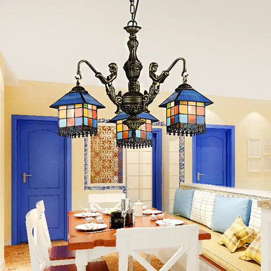 Small House Pendant Chandelier - Stained Glass Tiffany Hanging Fixture With 3 Clear/Blue Lights Blue