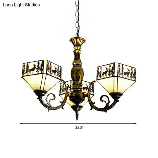 Small Retro Style Stained Glass Inverted Chandelier - 3-Light Suspended Light With Deer And Tree