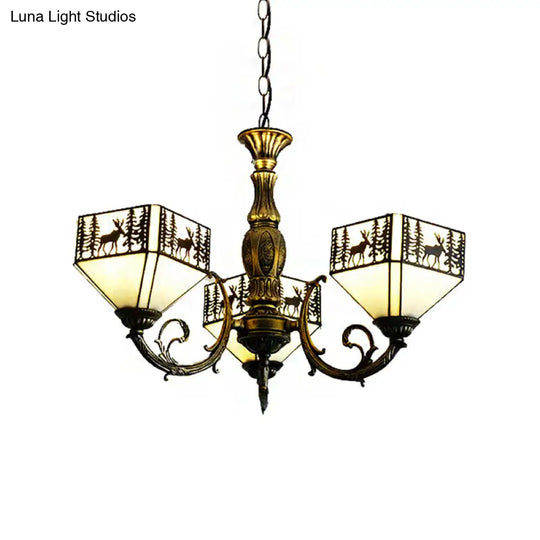 Small Retro Style Stained Glass Inverted Chandelier - 3-Light Suspended Light With Deer And Tree