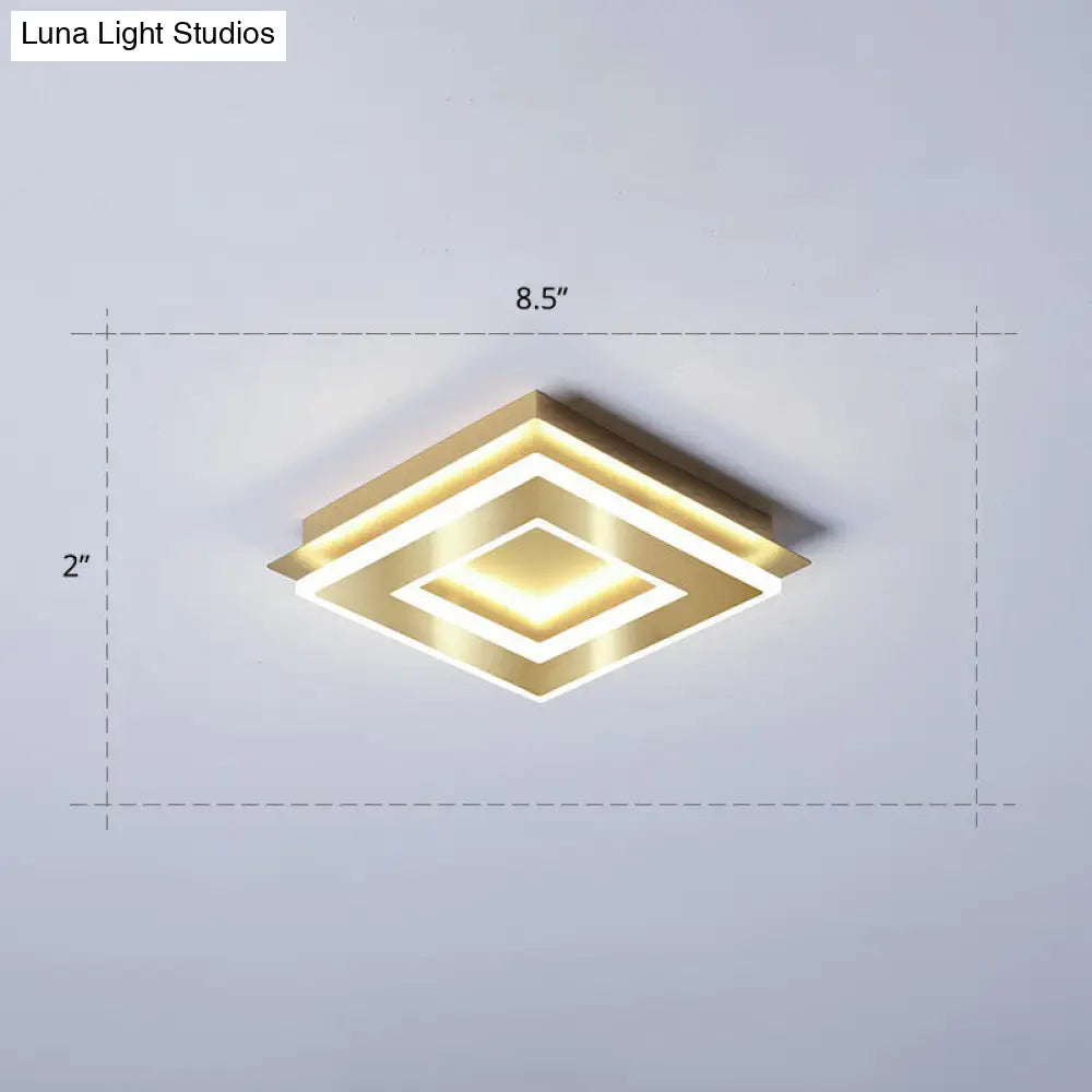 Small Led Flush Mount Light In Gold - Simple Metal Hallway Lighting / White Square Plate