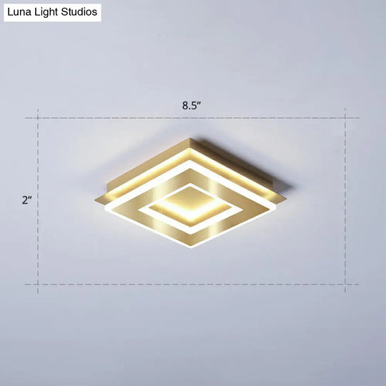 Small Led Flush Mount Light In Gold - Simple Metal Hallway Lighting / White Square Plate