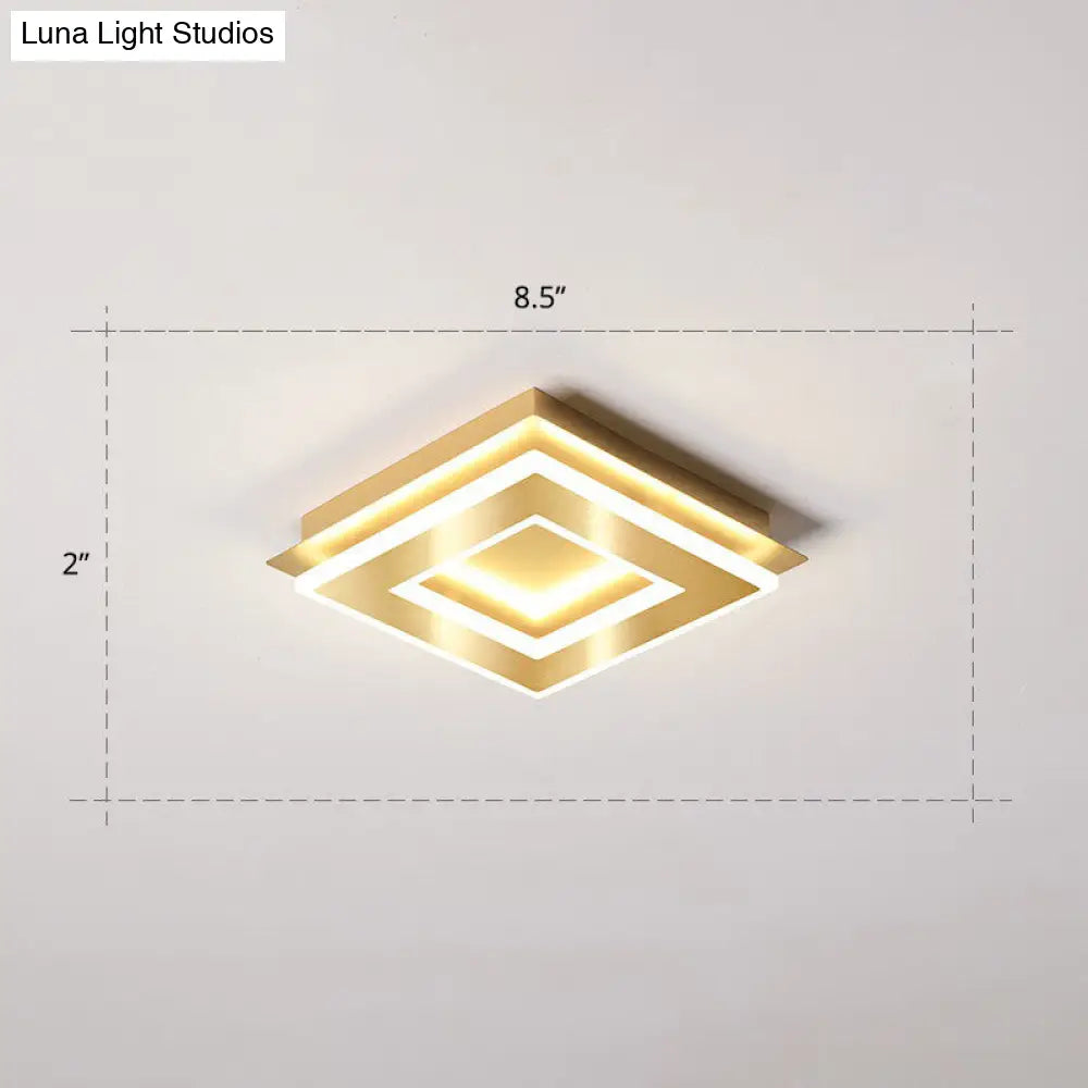 Small Led Flush Mount Light In Gold - Simple Metal Hallway Lighting / Warm Square Plate