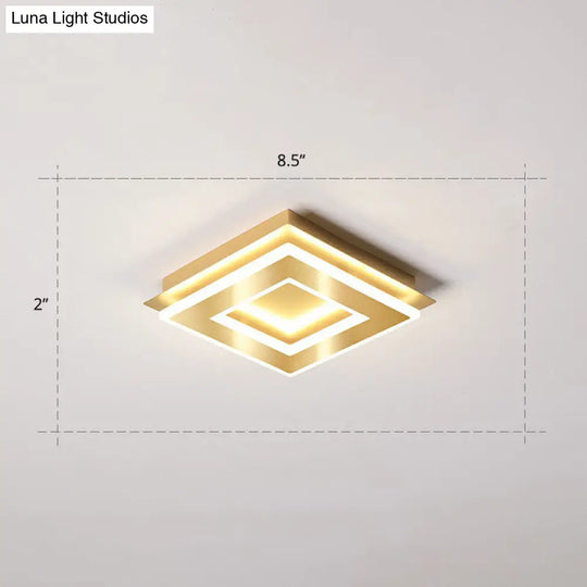 Small Led Flush Mount Light In Gold - Simple Metal Hallway Lighting / Warm Square Plate