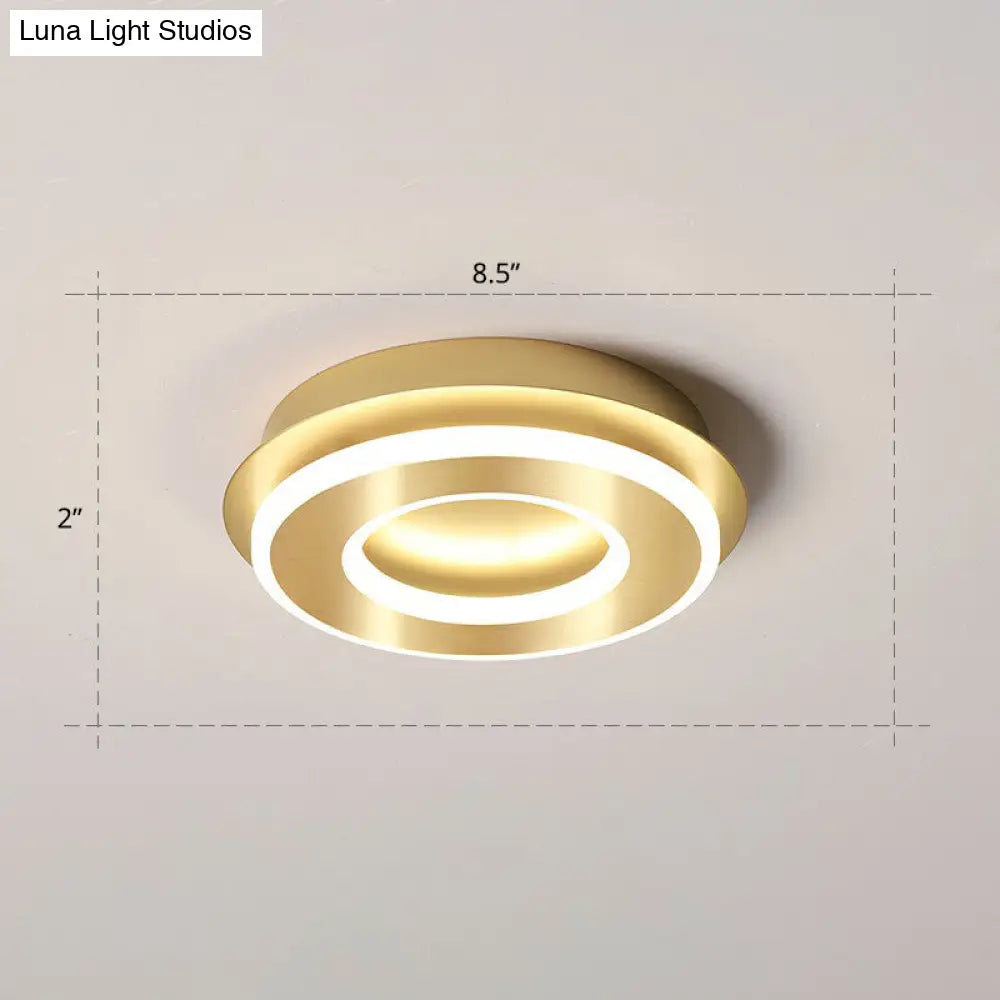 Small Led Flush Mount Light In Gold - Simple Metal Hallway Lighting / Warm Round