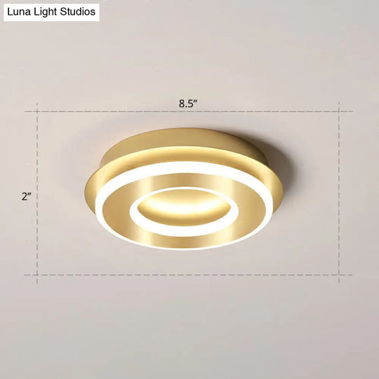 Small Led Flush Mount Light In Gold - Simple Metal Hallway Lighting / Warm Round