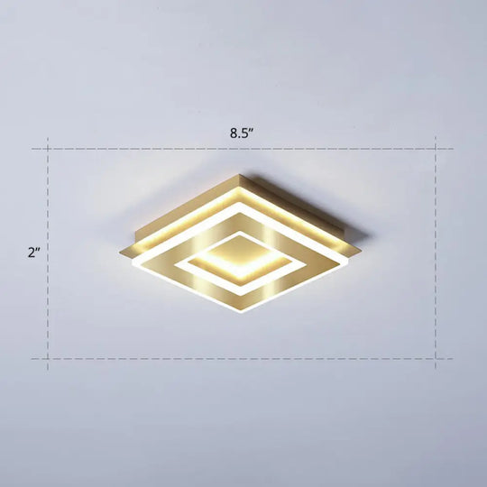 Small Led Flush Mount Light In Gold - Simple Metal Hallway Lighting / White Square Plate