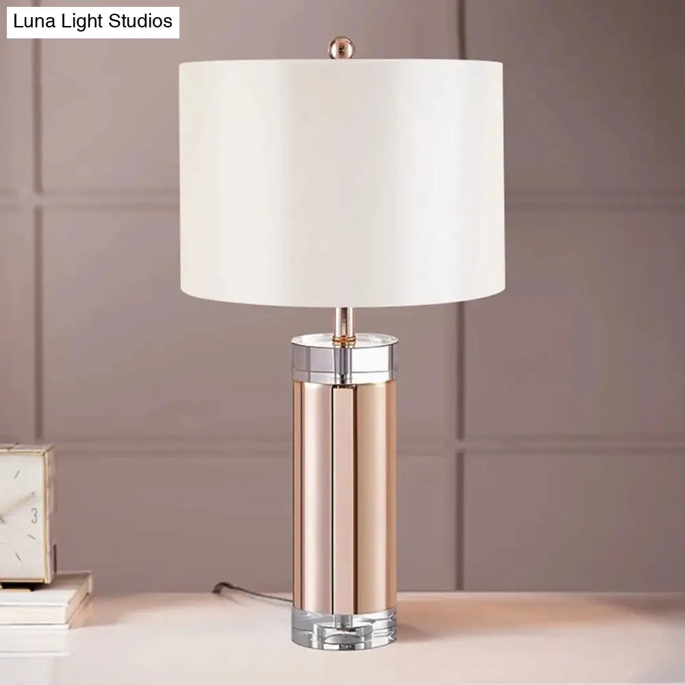 Small Rose Gold Desk Lamp - Modern Fabric Shade Straight Sided Design