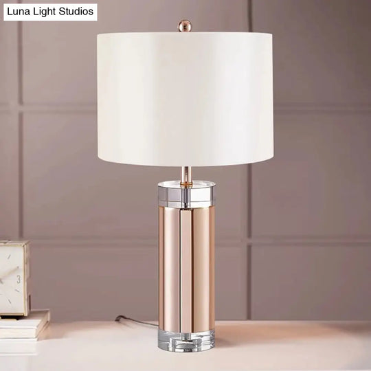 Small Rose Gold Desk Lamp - Modern Fabric Shade Straight Sided Design