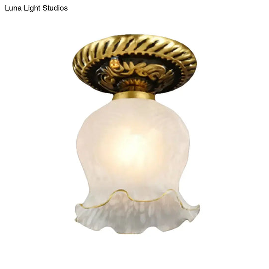 Small Rustic Brass Floral Flushmount Ceiling Light For Hallway - Frosted White Glass