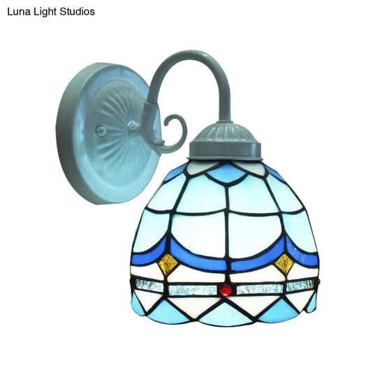 Small Tiffany Stained Glass Wall Light - Blue 1-Head Sconce In White Finish For Living Room