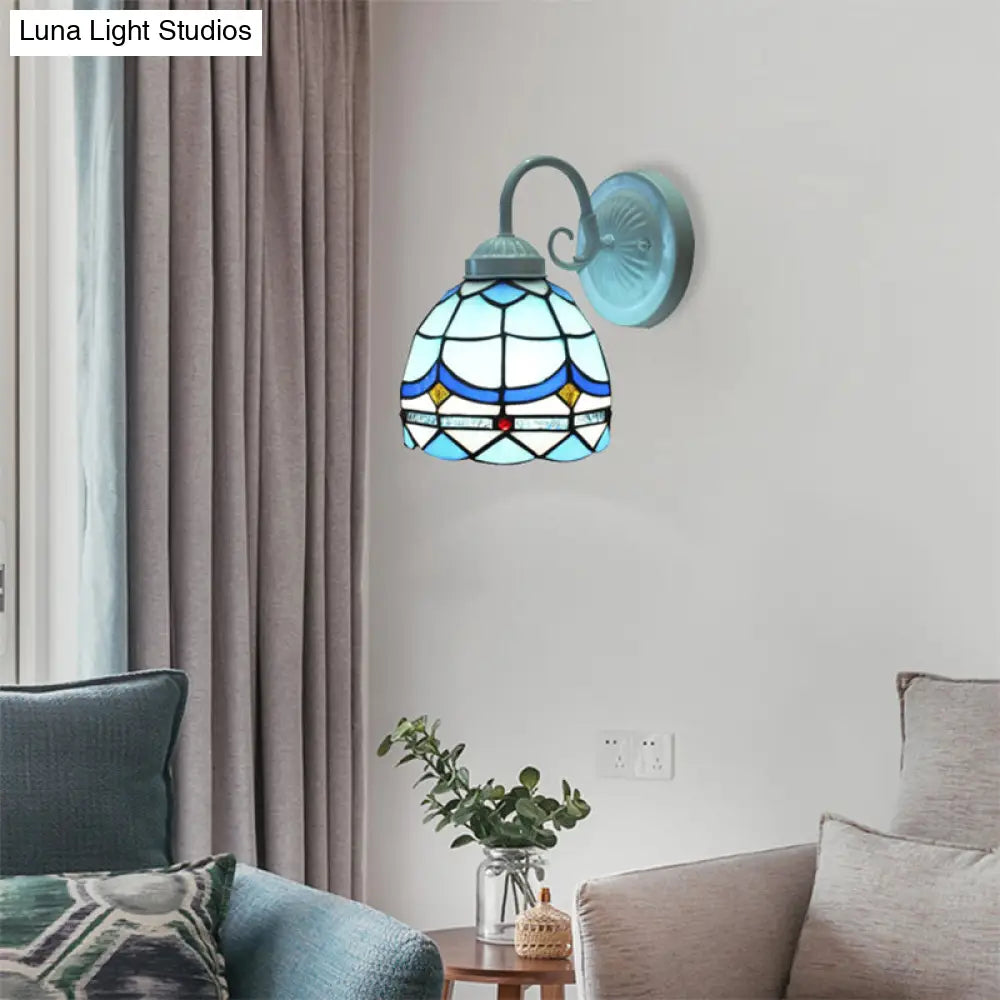 Small Tiffany Stained Glass Wall Light - Blue 1-Head Sconce In White Finish For Living Room