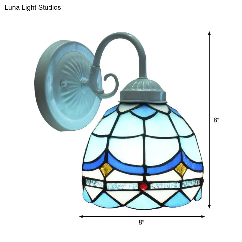 Small Tiffany Stained Glass Wall Light - Blue 1-Head Sconce In White Finish For Living Room