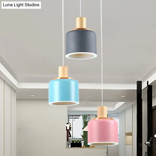 Small White Drum Cluster Pendant Light With 3 Metallic Heads And Wood Top - Minimalist Ceiling Hang