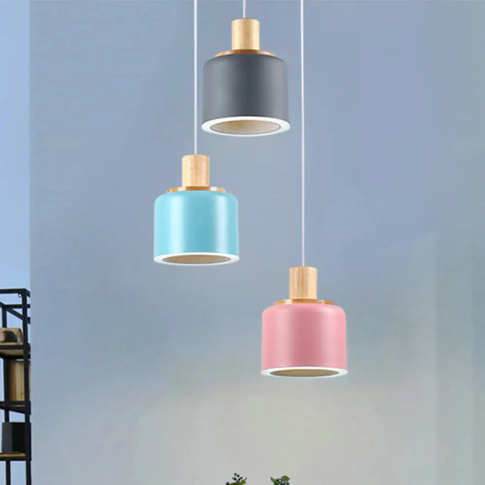 Small White Drum Cluster Pendant Light With 3 Metallic Heads And Wood Top - Minimalist Ceiling Hang