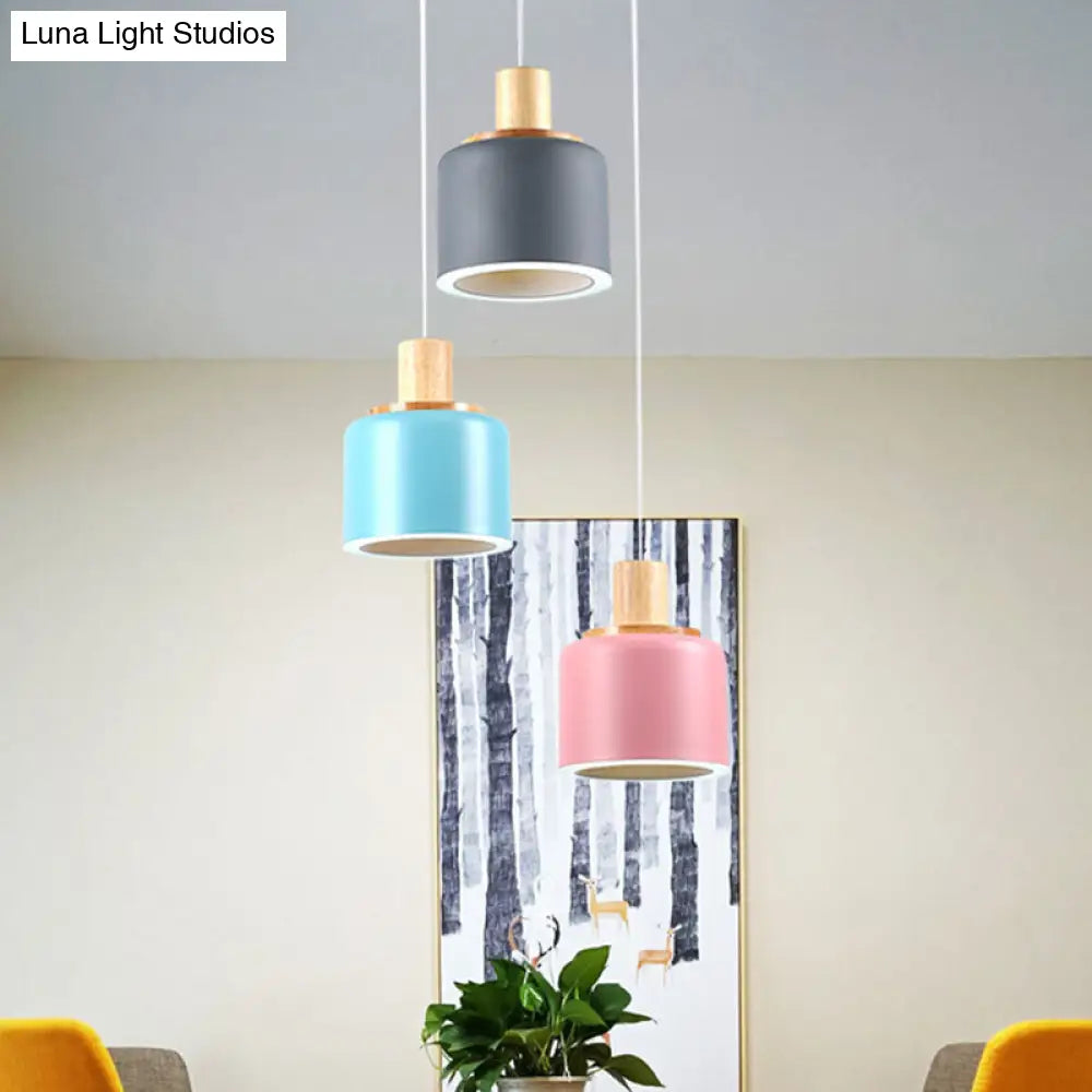 White Small Drum Cluster Pendant Light With Wood Top - Minimalist Design 3 Heads Metallic Ceiling