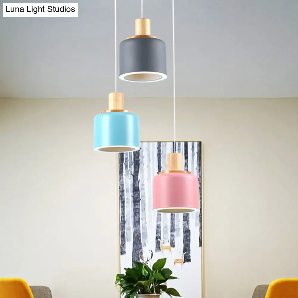 Small White Drum Cluster Pendant Light With 3 Metallic Heads And Wood Top - Minimalist Ceiling Hang