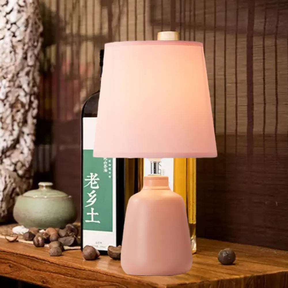 Smart Night Table Light - Modern Ceramic Jar Shape With Fabric Shade In Pink/Green 1-Light Pink